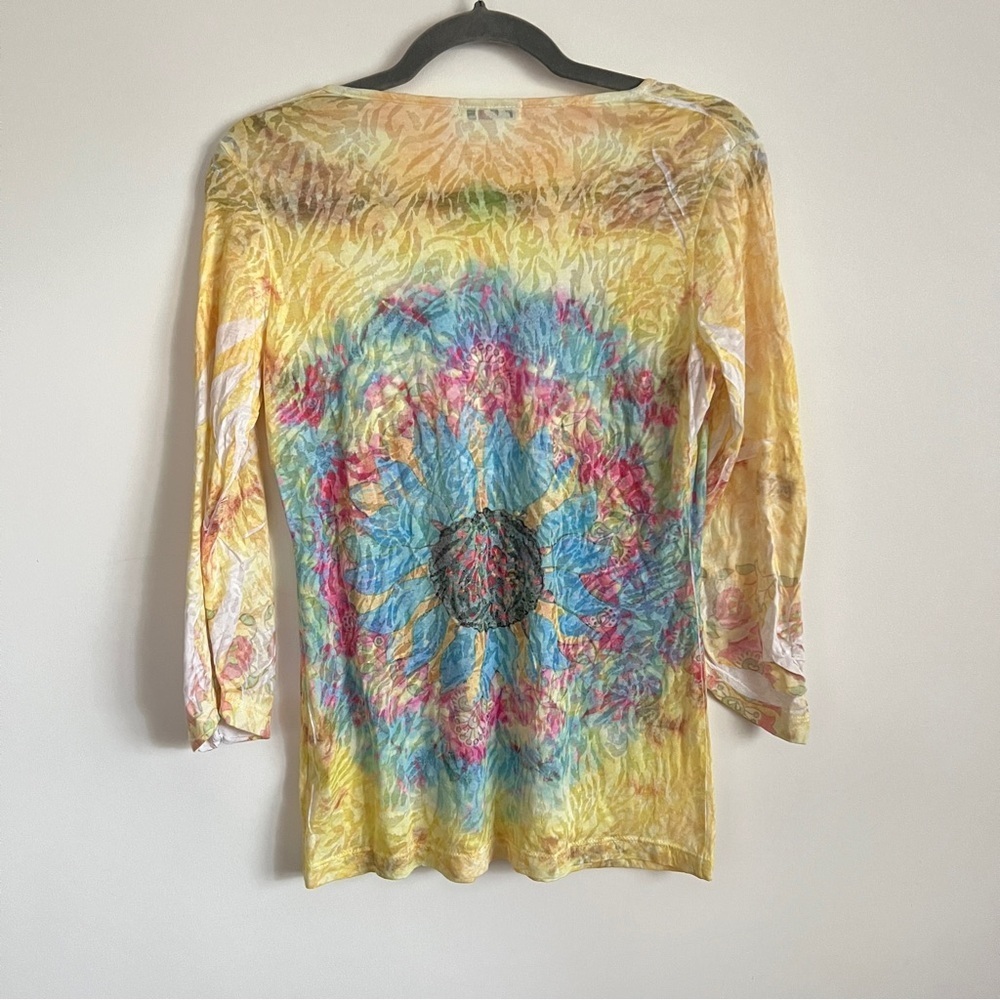 Y2K Boho Fairy Top with Psychedelic Sun Print & Gold Studded Neckline Size M - Picture 5 of 7